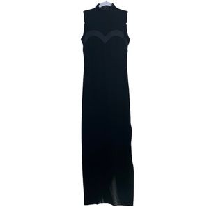 En Francais by Huey Waltzer Black Maxi Sleeveless Gown Dress Sheer Panels 90s
